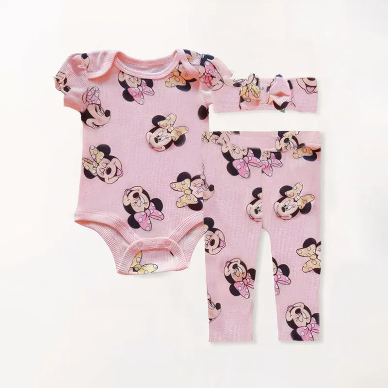 2/3Pcs Disney Minnie Mouse Baby Clothes Sets Cotton Short Sleeve Bodysuit + Pant + Headband Newborn Infant Homewear Clothing