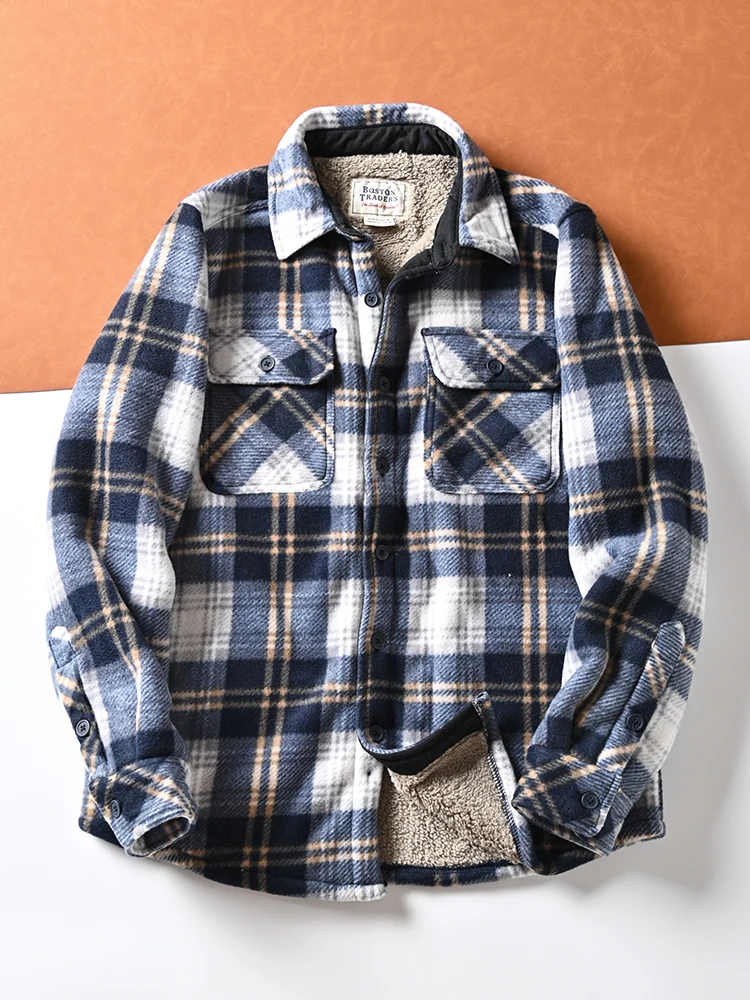 

Thiened Fce Loose Plaid irt Lamb Velvet Flannel Warm Cotton Men's Winter Long Sve Antibacterial Casual irt