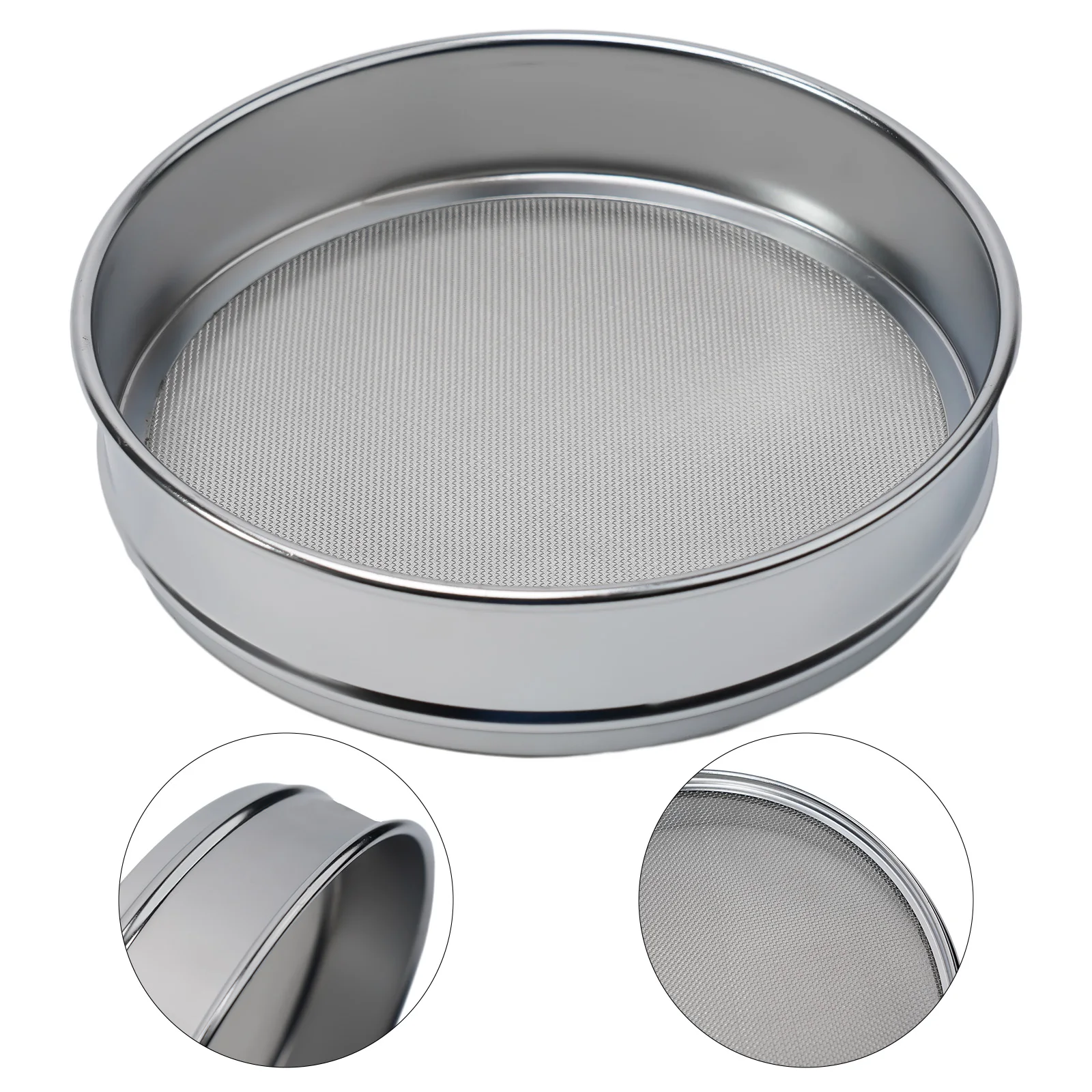 Standardowe przesiewaczki z siatką ze stali nierdzewnej 304 i chromowaną ramą, rozmiary oczek od 10 do 100 do różnorodnych testów materiałów.