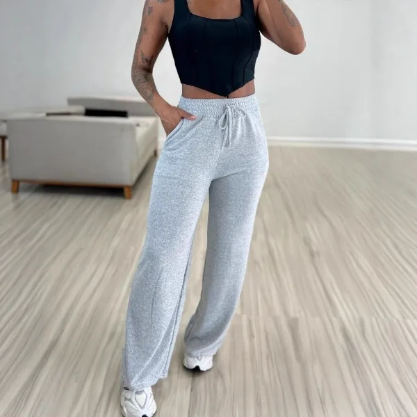 Pantaloni eleganti da donna Estate e autunno 2025 Nuova moda a vita alta Casual dettaglio legato con pantaloni larghi elastici solidi tascabili