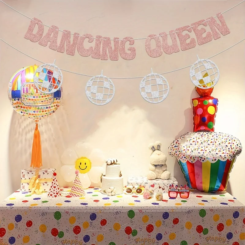 Glitter Rose Gold Dancing Queen Banner Silver Disco Ball Garland Retro Disco Bachelorette Birthday Party Decor