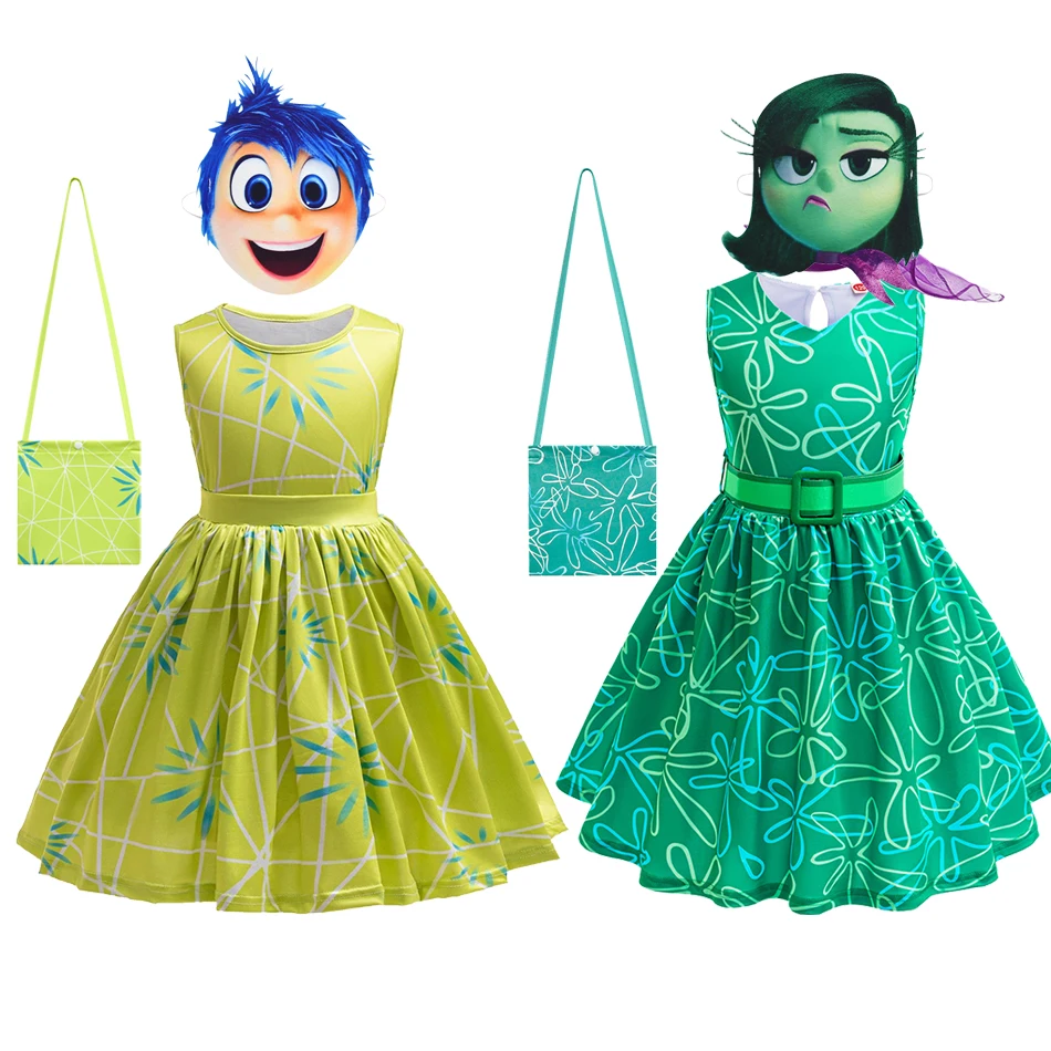 

Inside Out Joy and Disgust Plays Costume Girls Green Print Dress Kids Elegant Frocks Halloween Birthday Party Frocks Summer Dre