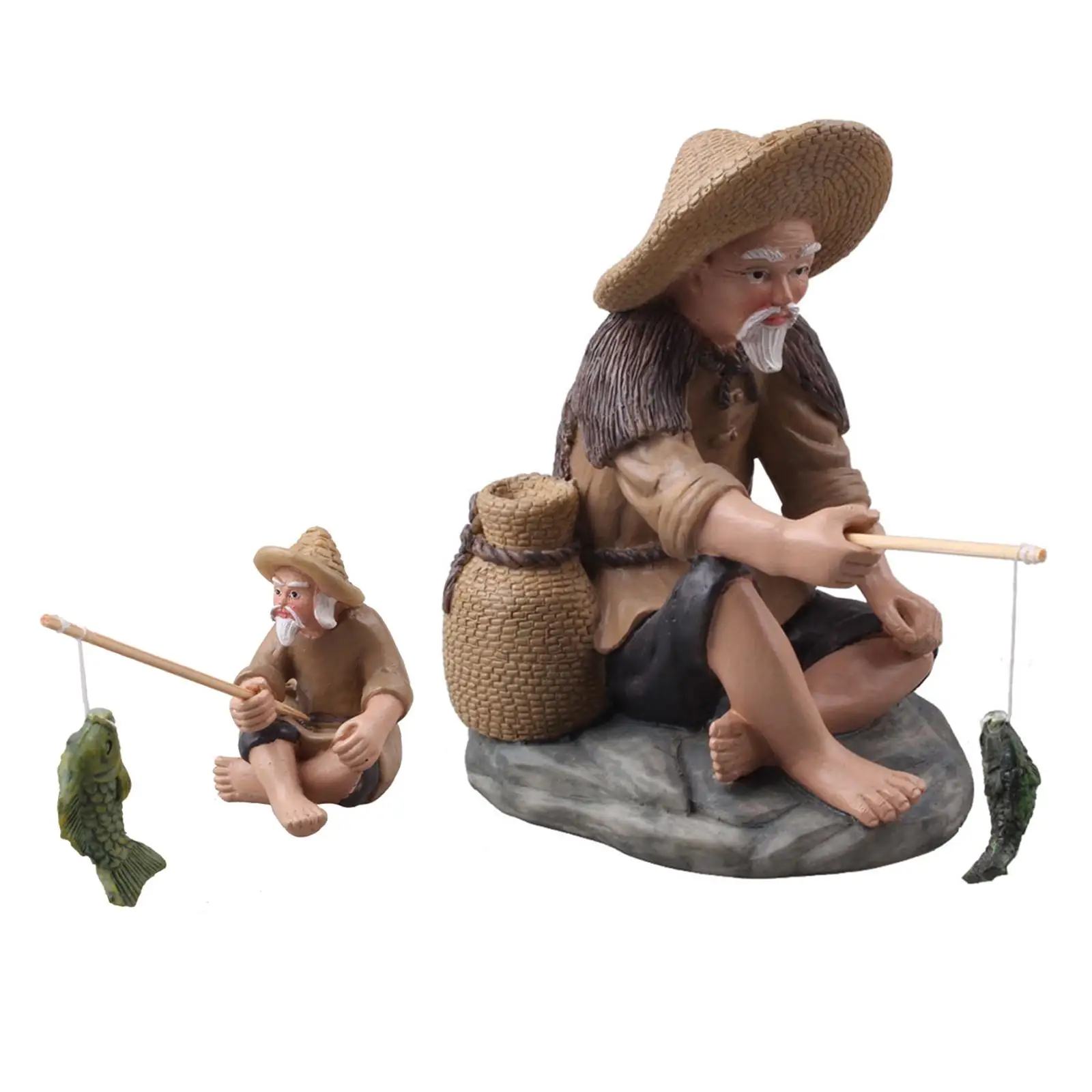 Mini Fisherman Figurines Resin Statue Vintage Fishing Ornament Micro Landscape Bonsai Decor for Garden Home Gift