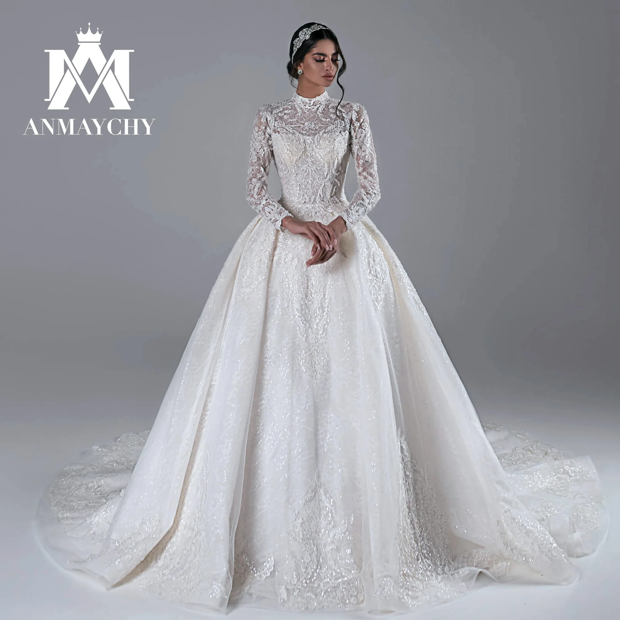 

ANMAYCHY Royal Ball Gown Wedding Dress 2023 HIGH Long Sleeve Sparkling Tulle Zipper Wedding Gown Chapel Train Vestidos De Novia