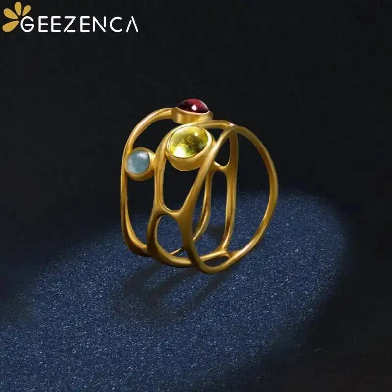 GEEZENCA 925 Silver Natural Aquamarine Garnet Peridot Ring For Women Original Design Architecture Creative Unique Rings 2023 New