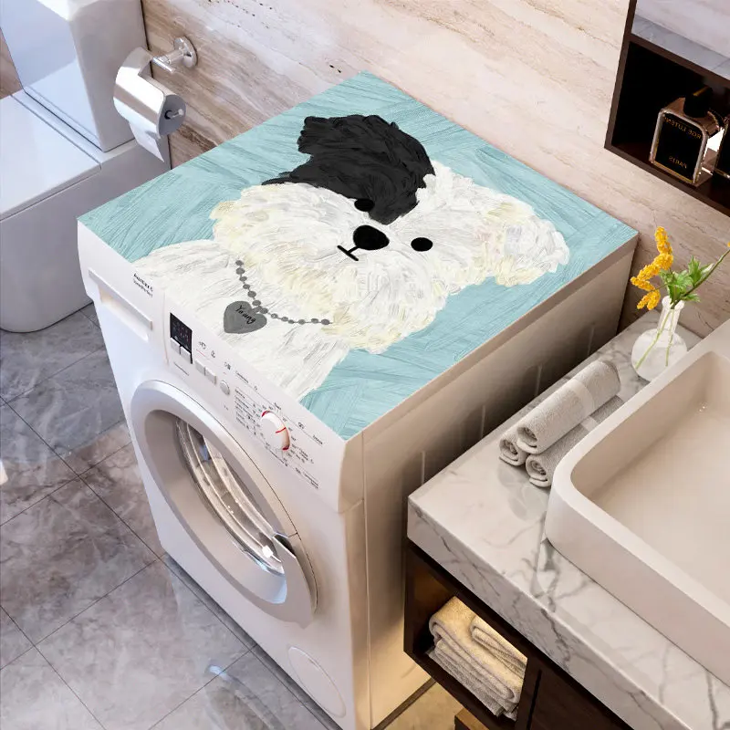 VIKAMA Oil Painting Schnauzer Dog Washing Machine Top Mat Light Blue Texture Waterproof Anti Dust Cabinet Cover Pad