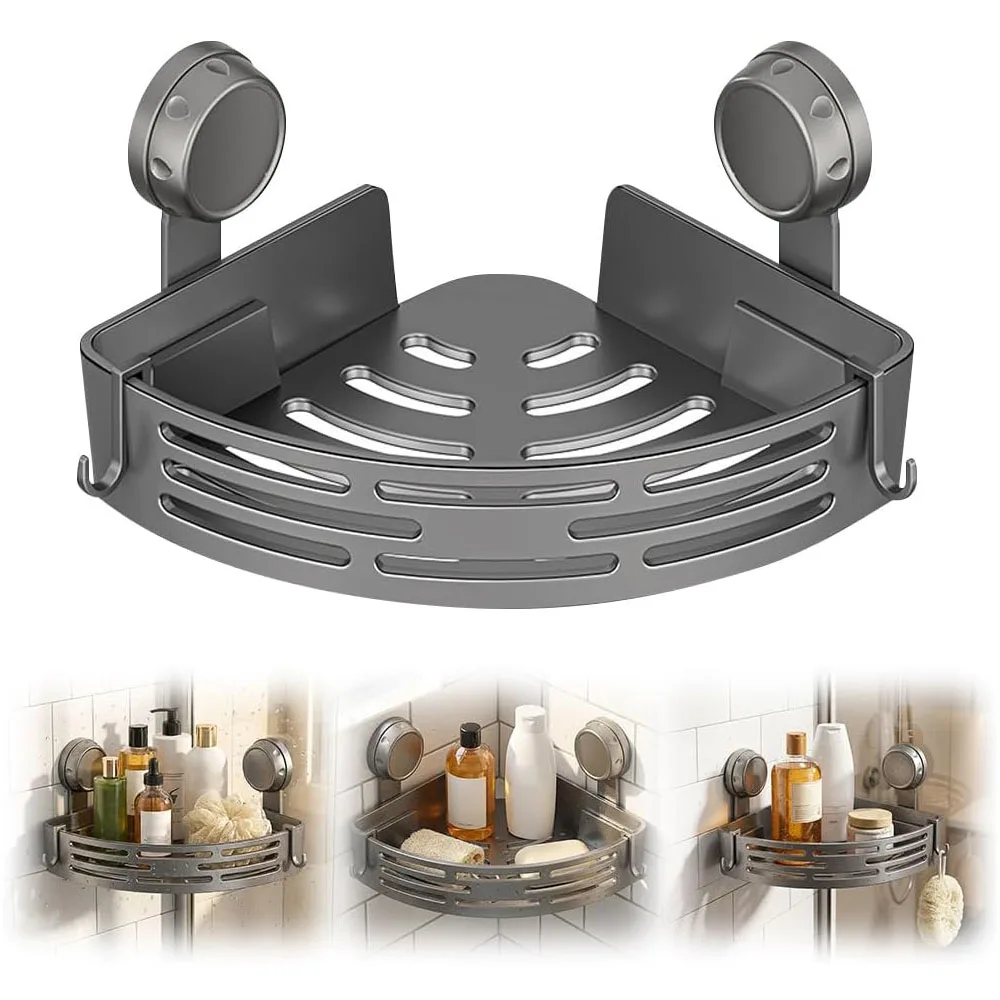 

Corner Shower Suction Cup Shower Shelf No Drilling, Bathroom Shower Organizer Storage Rack Adhesive with Hooks