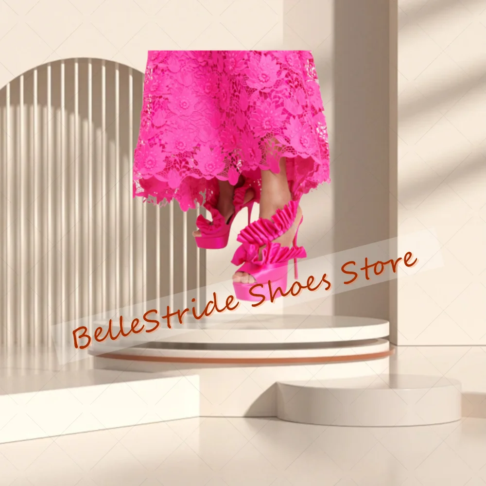 Rose Red Platform Peep Toe Ruffles Sandals Open Toe Women Shoes Thin High Heels Party Banquet Dating 2025 Zapatos Para Mujere