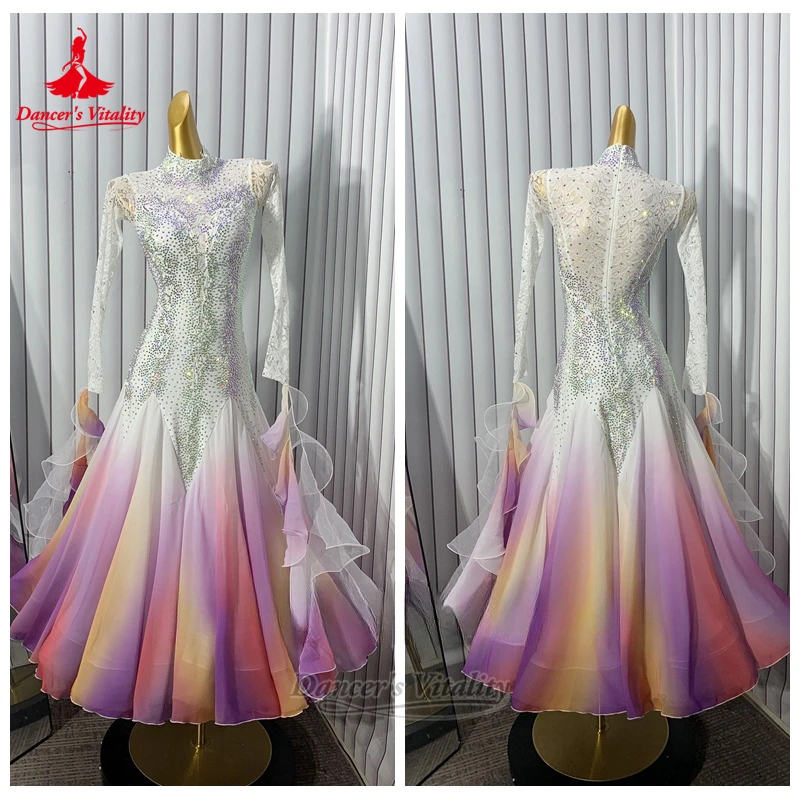 社交ダンス グラデーションカラー ハイネック 長袖 ビッグスイングドレス カスタマイズされた大人のワルツ フォックストロット衣装 ダンサーの活力