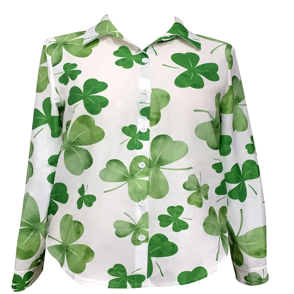 Women's Shirt With Vibrant Clover Print Long Sleeved Button Top Loose Fit Soft And Versatile Fabric, Perfect Choice For Spring