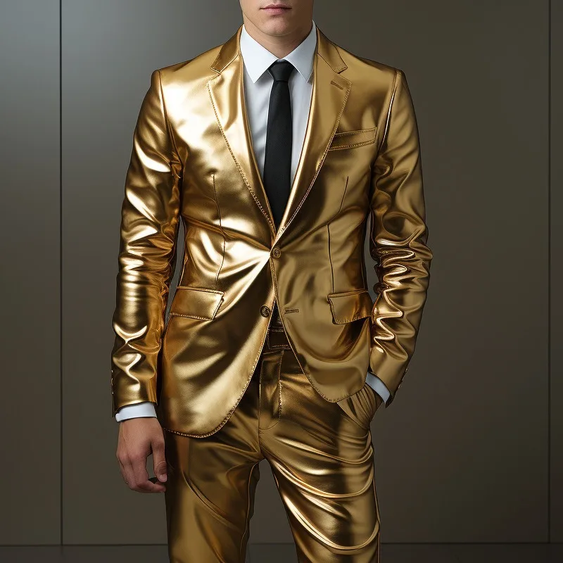 

Mens Trendy Gold Shiny Suit Nightclub Party Performance Blazer Outfit