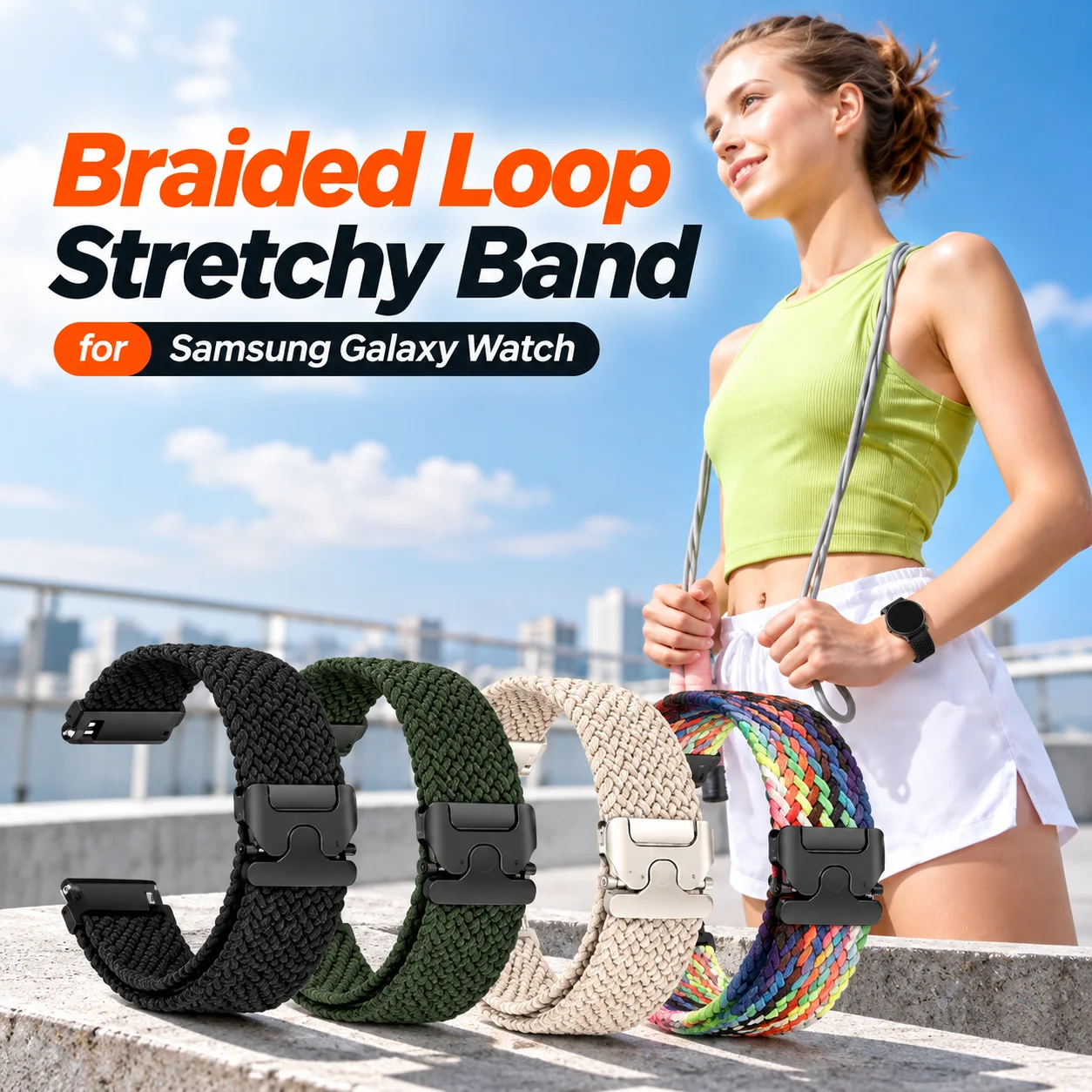 Bracelet de sport en nylon tressé élastique de 20 mm pour Samsung Galaxy Watch 7 6 5 4 FE 40 mm 44 mm, 6 Classic 43 mm 47 mm, 4 Classic 42 mm 46 mm, 5 Pro Active 2, pour Garmin Vivoactive 6 5 3, remplacement souple et ajustable