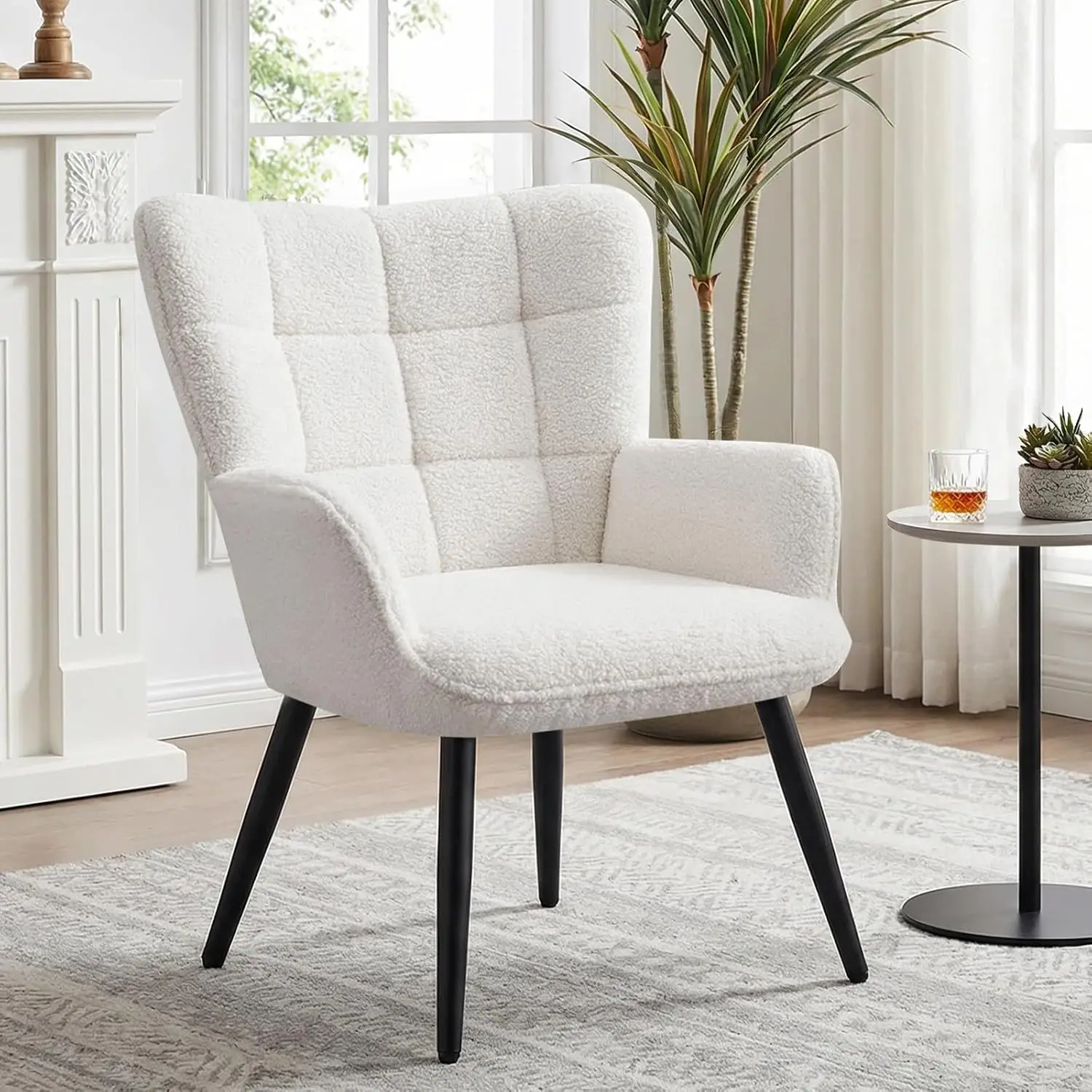 Sherpa Accent Chair, Upholstered Wingback Armchair with Backrest & Metal Legs for Living Room Bedroom Office, White, Customized