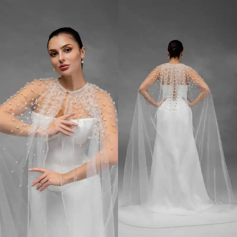 Romantic Long Wedding Wrap Pearls Sleeveless O Neck Bride Shawl For Strapless Bridal Dress High Quality Customized