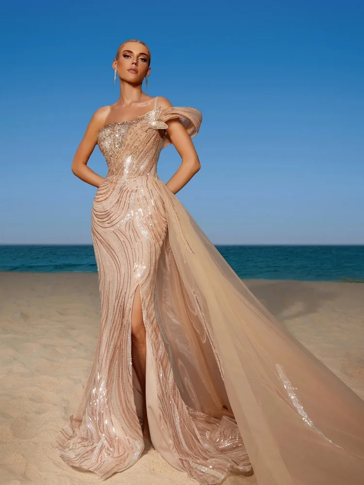 Fashion Sexy Beige One-Shoulder with Sequins & High Slit Maxi Dress for Date Night Dinner Gala Gown