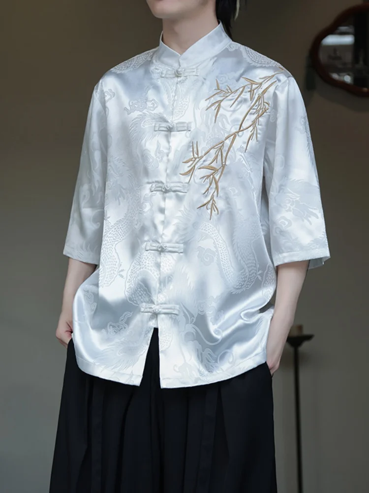 

Loose Fit Ice Silk ort Sve Men's irt Summer New Chinese Sle Buttoned Tang Costume Modified Hanfu Large Size Outerwear