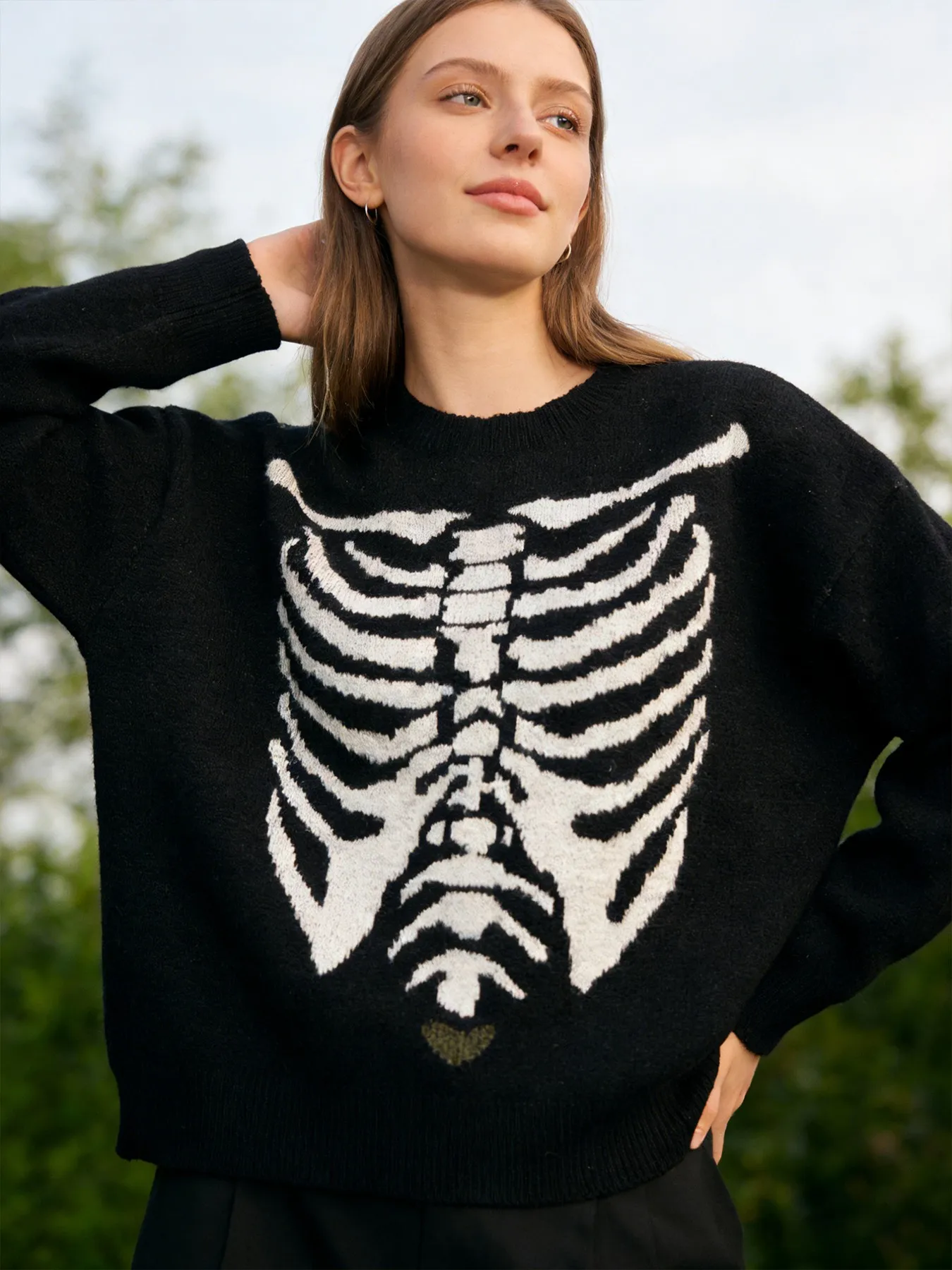 

Женский черный вязаный свитер с узором в виде скелета, повседневный, оверсайз, с круглым вырезом, на Хэллоуин