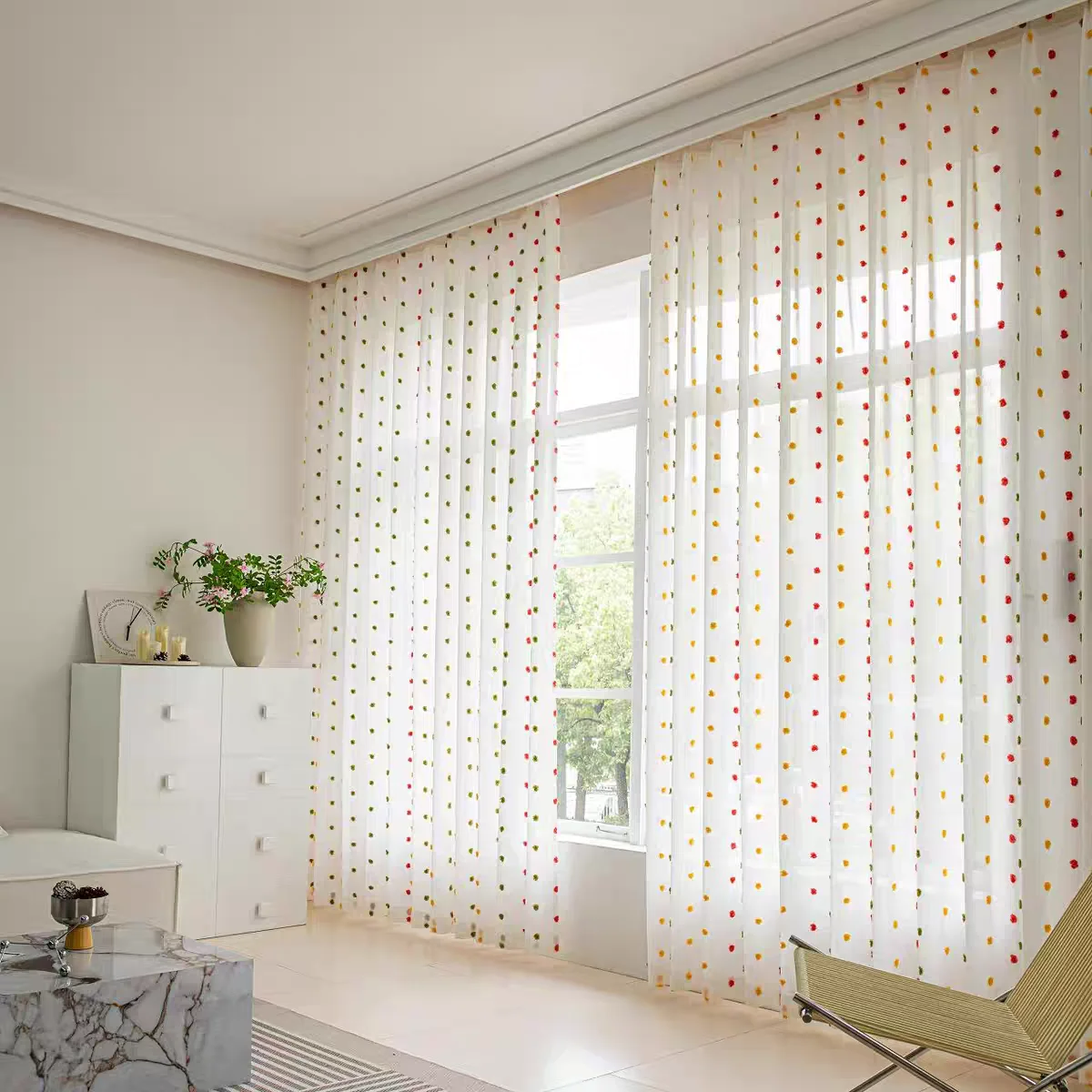 Boho Chic Pom-Pom Sheer Curtains Colorful 3D Floral Tufted Design Rod Pocket Window Drapes for Kids Bedroom Living Room Decor