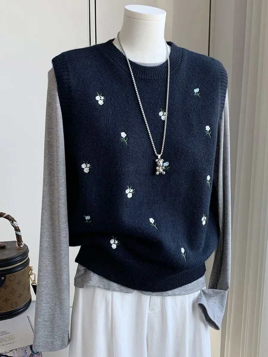 

Женский вязаный жилет с цветочной вышивкой, новинка осени/зимы 2025 года, свободный свитер на плечах, жилет, топ