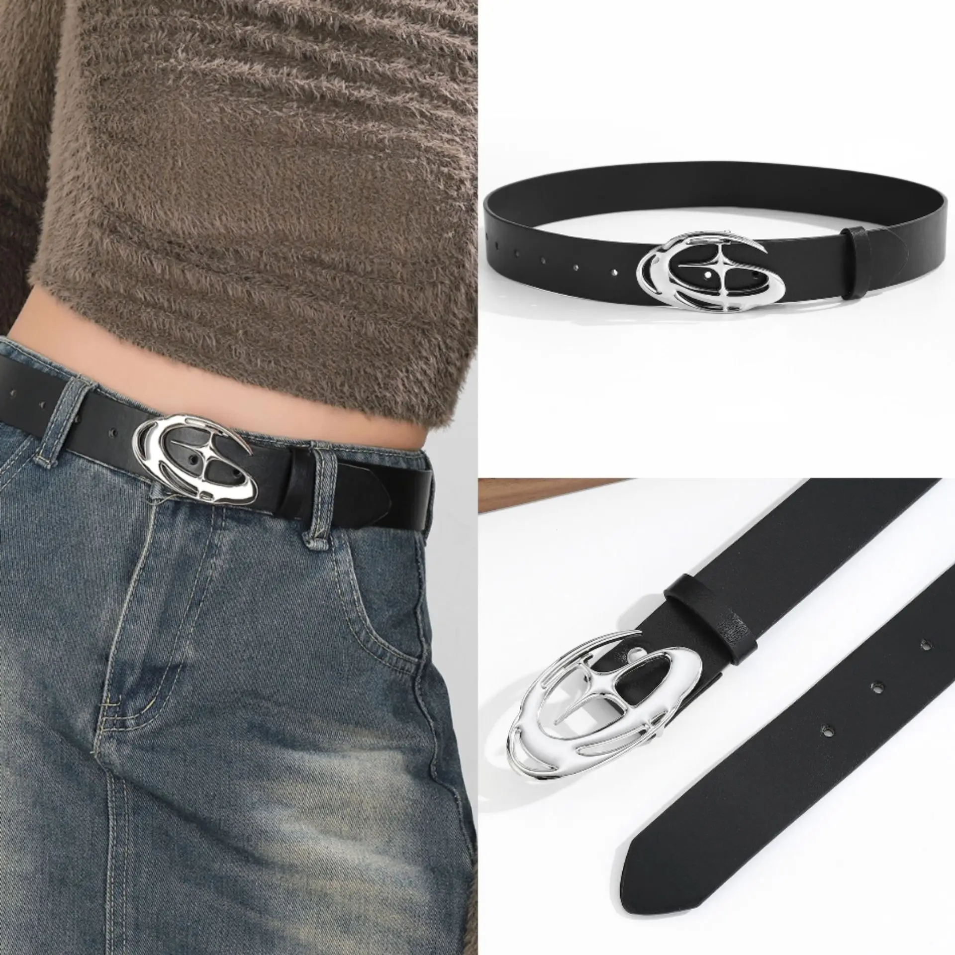 Gothic Punk Cross Buckle Waist Belt Y2K Metal Star Clasp Belts Leather Adjustable Strap Edgy Style Accessory for Women Men
