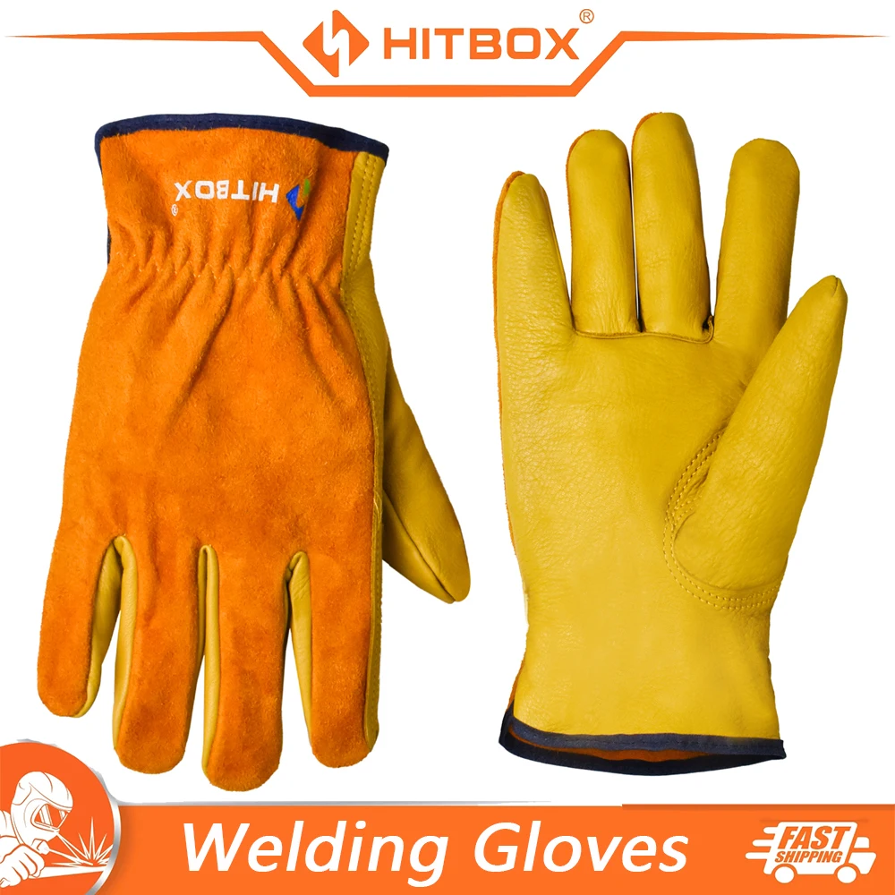 HITBOX Men's Leather Work Gloves Grained Cowhide Breathable Comfortable Welding Garden Weeding Safety Gloves for Weeding Work