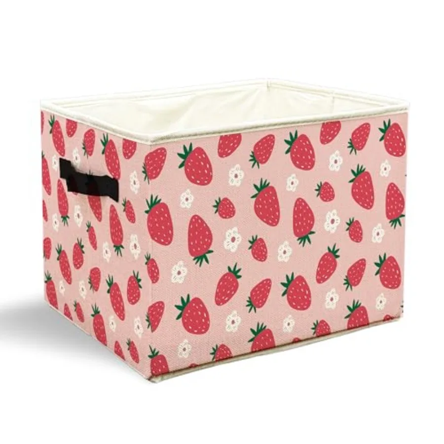 

Pink Strawberry Storage Bins with Handles, Aesthetic, Preppy Cute Floral Strawberry Fruit Collapsible Laundry Basket Storage Bo