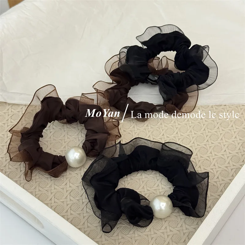 Fashion commuter mesh lace pearl hair band ball head tie hair rope high-grade rubber band durable high elastic headband