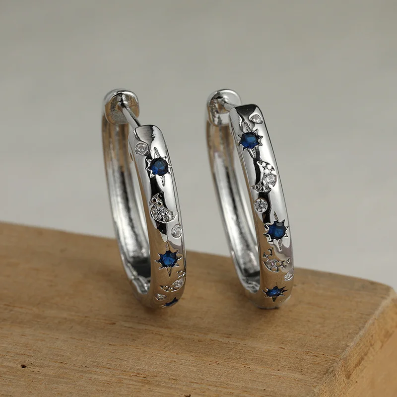 Fashion Simple Silver Color Hoop Earrings Women Creative Blue Zirconia Star Moon Shape Earrings Daily Cute Jewelry Accessories