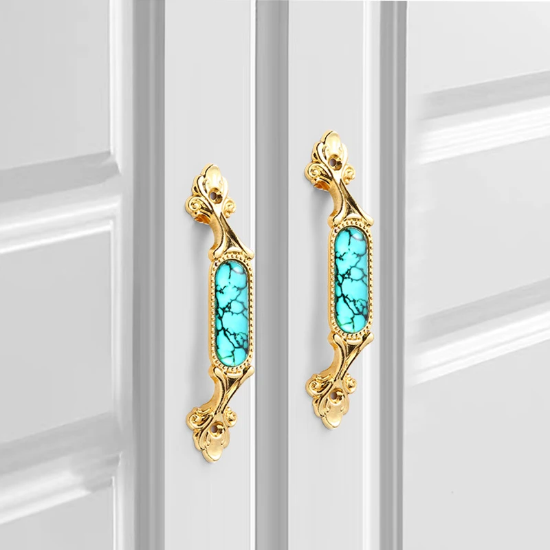 8Pcs Cabinet Door and Drawer Pulls, Green Stone Inlaid Cabinet Handles, Golden Furniture Decorative Knob