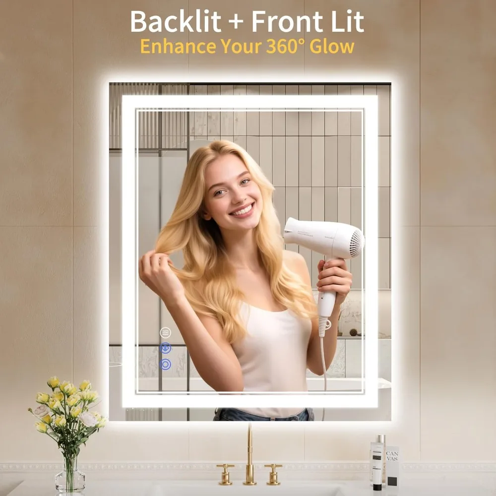 Espelho de banheiro LED 30x38 com luzes, antiembaçante, retroiluminado + iluminação frontal, regulável, espelho de vaidade LED para parede, 3 cores, diversão com memória