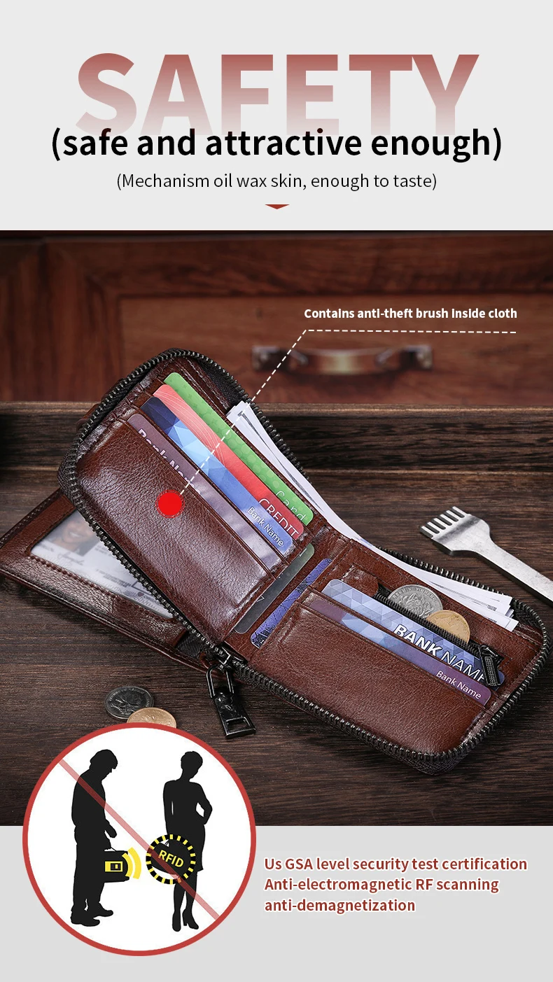Bull captain Echt leder Herren Bifold Brieftasche mit Reiß verschluss sicher speichern Sie Ihr Bargeld und Karten RFID Blocking Karten halter – Detail 6
