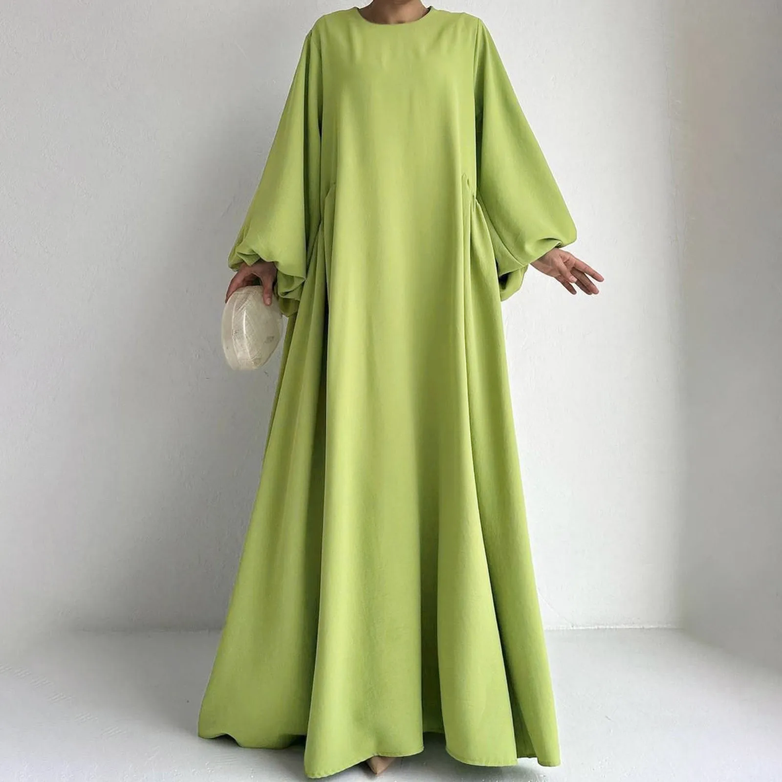 Women\'S Muslim Robe Long Sleeve Dress Solid Color Round Neck Loose Dresses Temperament Prayer Clothing Ramadam Elegant Burka