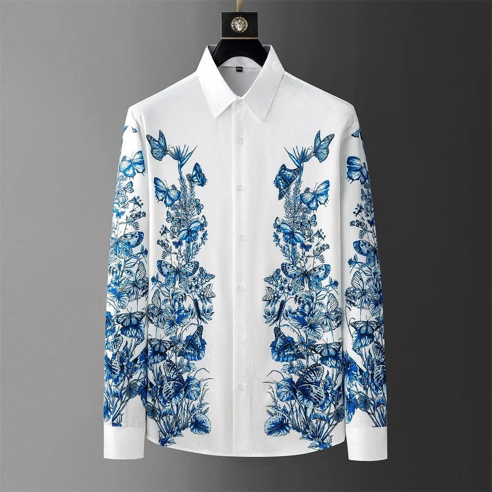 Luxury Butterfly Printed Men's Shirt Long Sleeve Loose Casual Shirts Fashion Retro Social Banquet Party Business Shirt 2024