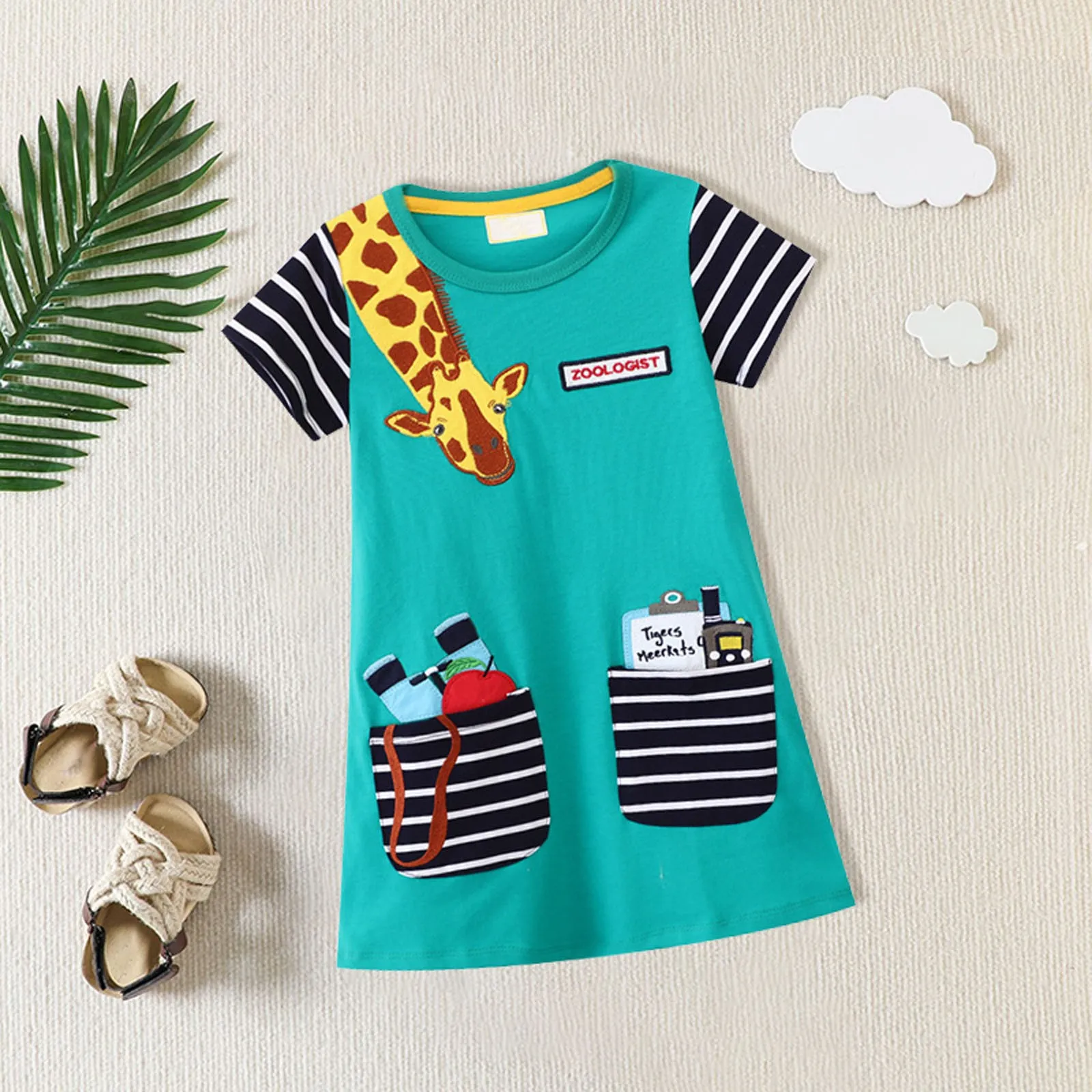 Summer Princess Girls Dresses Giraffe Embroidery Print Short Sleeve Kids Birthday Party Costume Leisure Frocks 5 6 7 8 Years