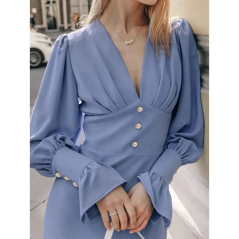 تنورة نسائية أنيقة بقصة A-line من الشيفون بياقة على شكل V وخصر متوسط وأكمام طويلة بتصميم عصري لفصلي الربيع والصيف #3