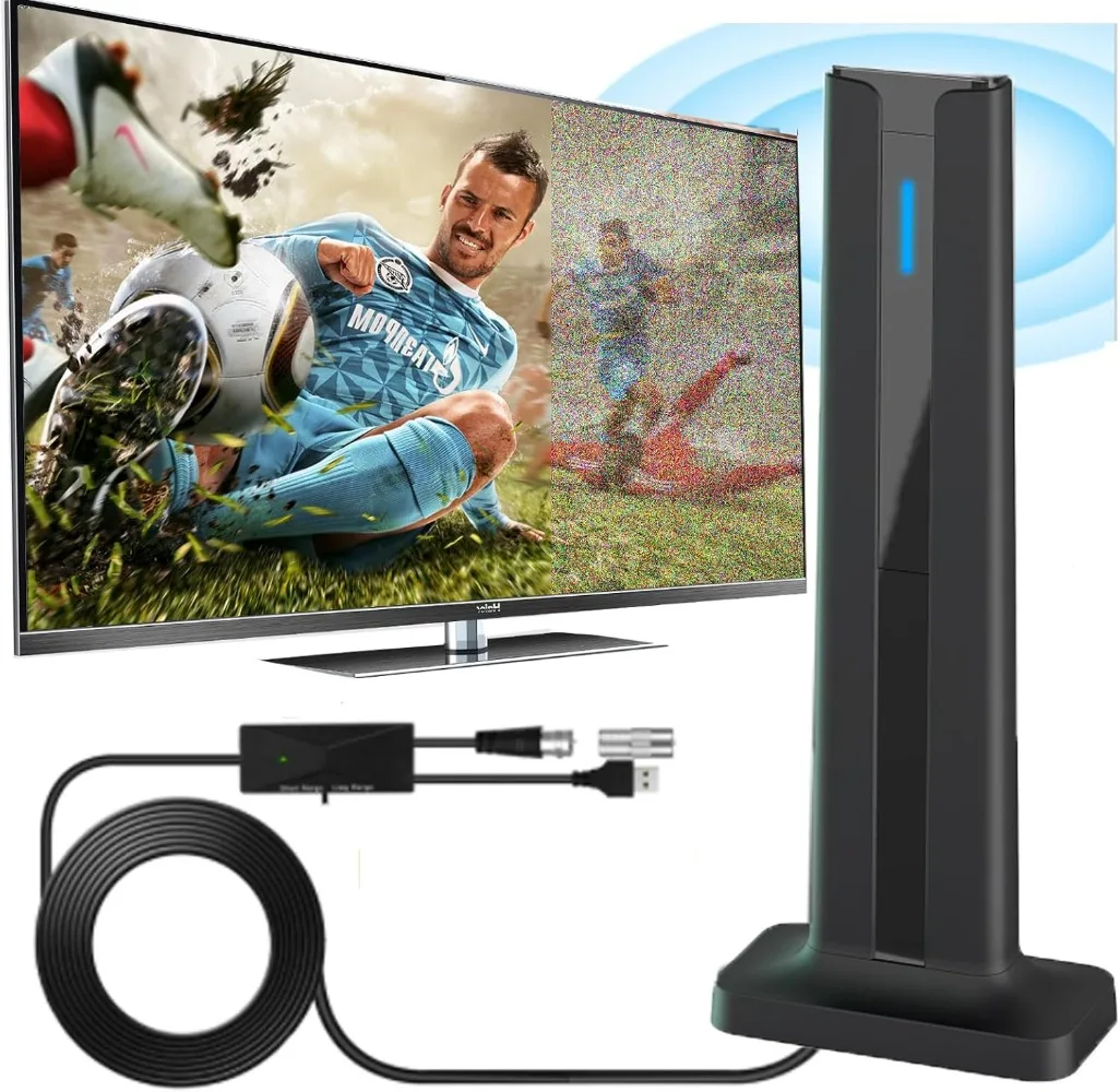 هوائي تلفزيون داخلي لجميع أجهزة التلفاز الذكية للطويلة المدى والرقمية عالية الدقة مع إشارة مكبر للصوت للقنوات المحلية يدعم 4K 1080P