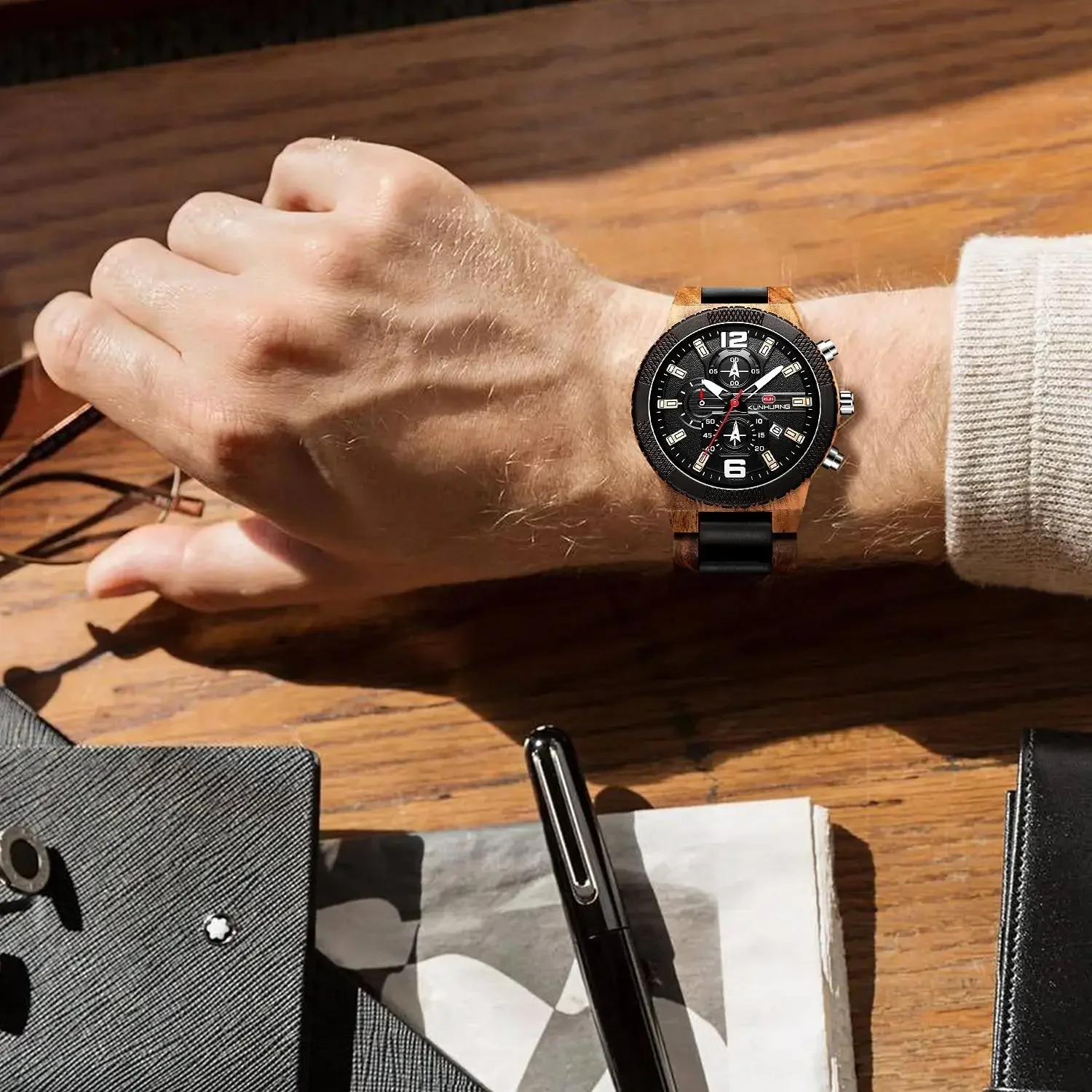 

Men Wooden Watches Natural Handmade Wooden Wrist Watches Multifuctional Analog Quartz Sport Chronograph Date Watch Luminous Male