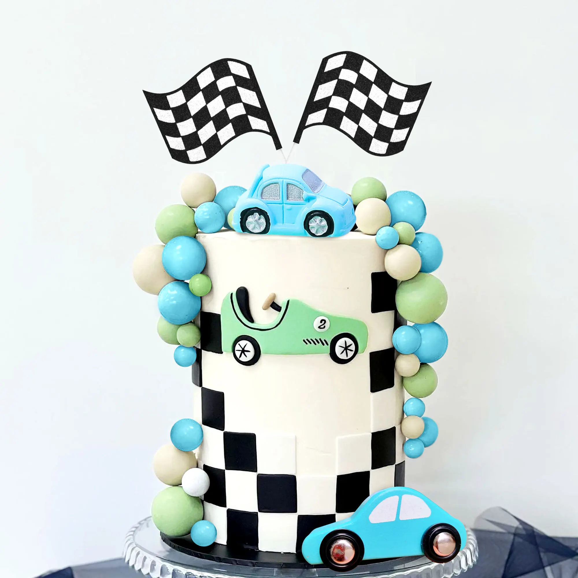 LaVenty Pink Race Car Cake Decorations Car Cake Topper Checkered Flag Cake Topper Growing Up Two Fast Birthday Decorations