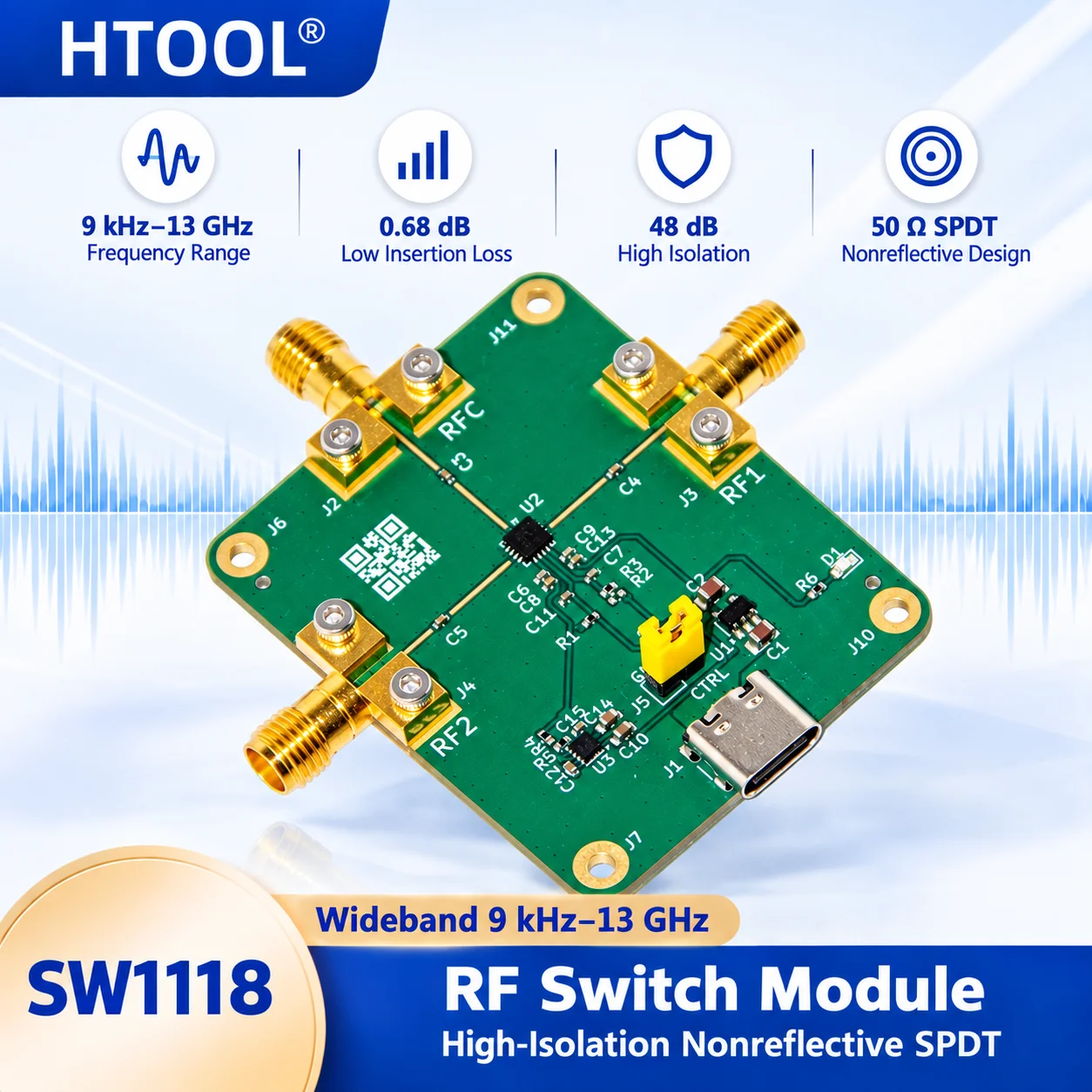 HMC1118 9kHz-13GHz Wideband Non-Reflective SPDT RF Switch Module High Isolation USB-C 5V HTOOL SW1118