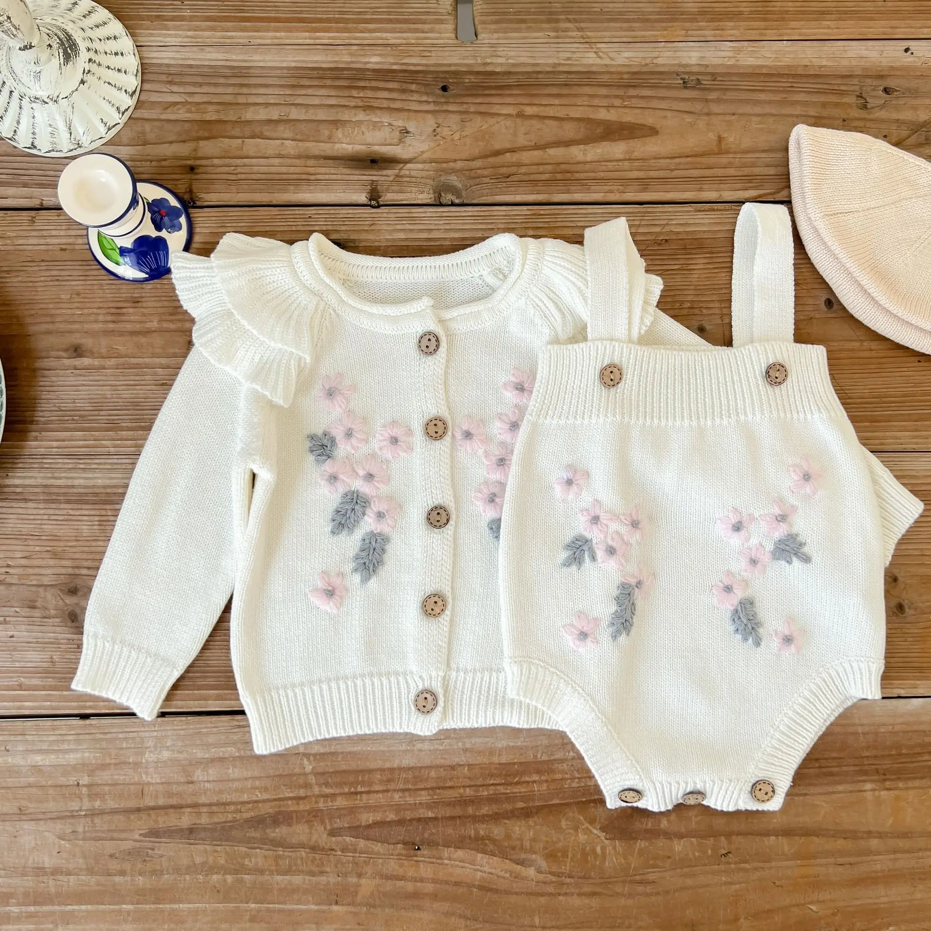 2psc Winter Newborn Infant Baby Girls Romper + Embroidery Flowers Coat Rompers Kids knitting Onepiece Fashion Baby Clothing