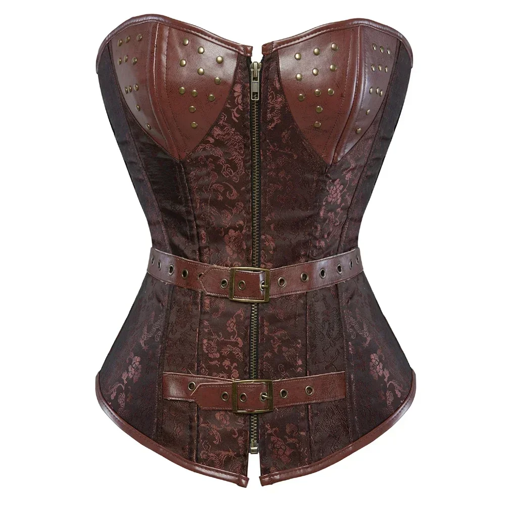

Brown Steampunk Corset Women Gothic Overbust Bustier Vintage Faux Leather Zipper Corselet Tops Plus Size
