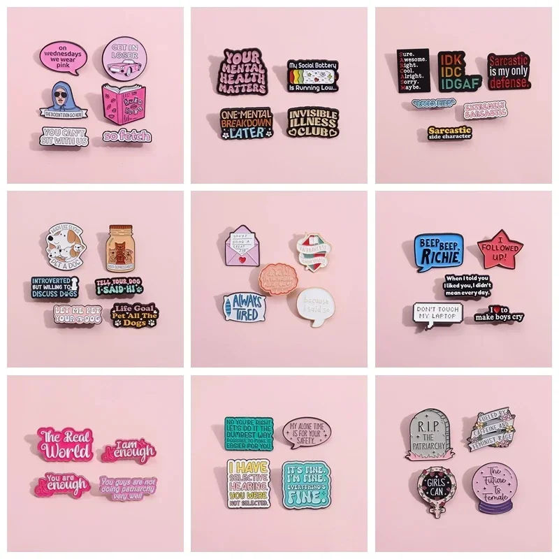 5-7 teile/satz lustige Emotion Zitate Emaille Pins Set benutzer definierte Feminismus sagen Slogan Broschen Revers Kleidung Abzeichen für Schmuck Geschenke