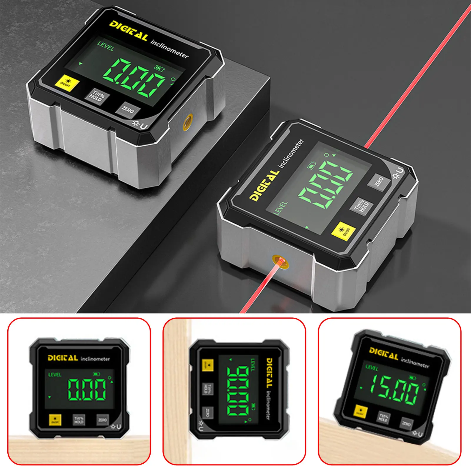 مكتشف الزوايا الرقمي الإلكتروني، مقياس زاوية رقمي مغناطيسي بأربعة جوانب، مسطرة مستوى الميل منقلة قابلة لإعادة الشحن عبر USB #1