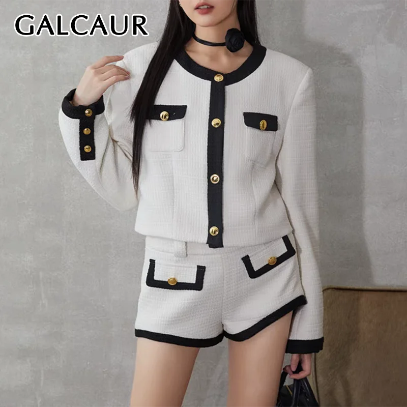 GALCAUR Hit Color Two Piece Sets For Women O Neck Long Sleeve Spliced Pocket Short Jacket High Waist Shorts Office Suits Female