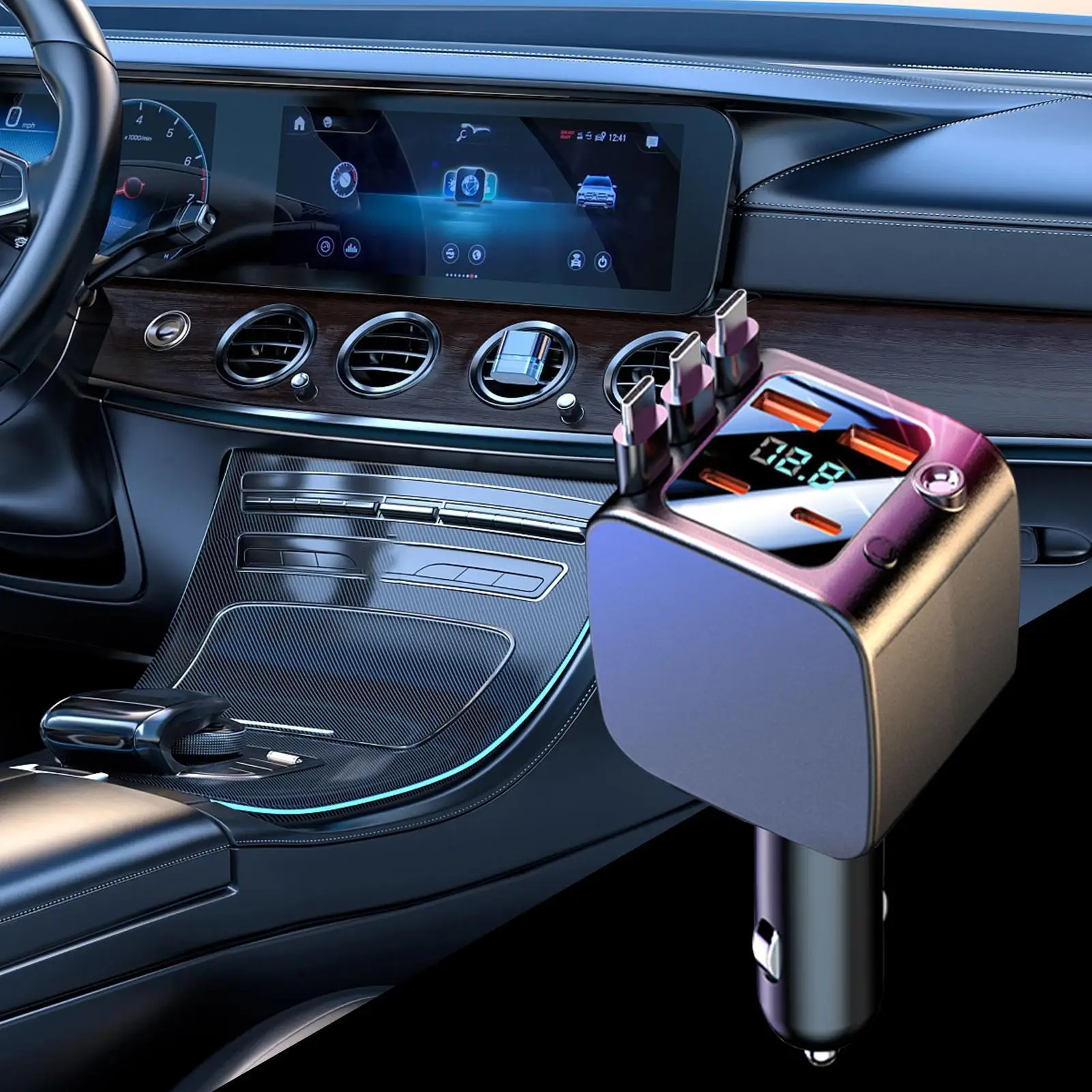 Car Charger Retractable Cord Fast Charging 2 USB Ports Auto Supplies With Starlight Car Charging Port For Daily Commute