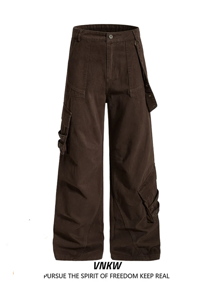 

Casual Straight Leg Wide Leg Pants Brown Decosition Workwear Jeans Loose Drapey Women's Men's Multiple kets Heavyweight