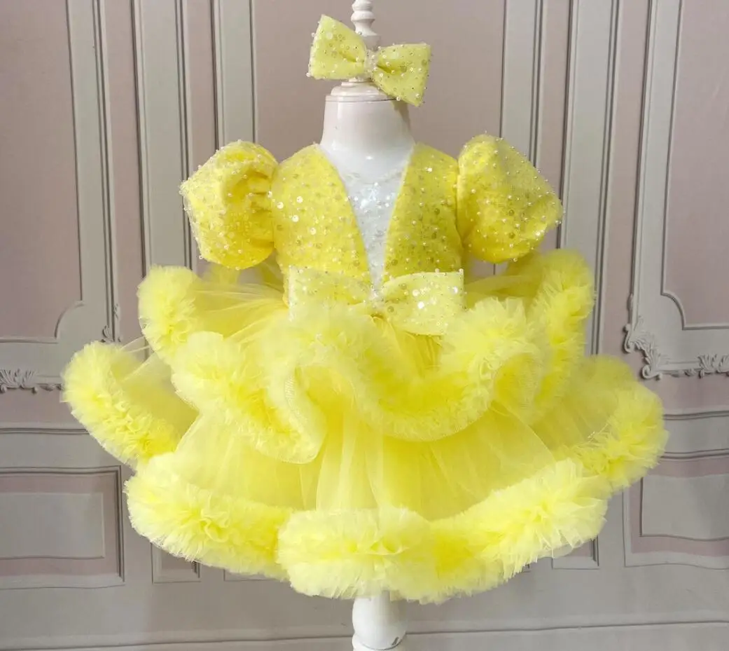 Fluffy Girls Birthday Party Dress Special Occasion Yellow Organza Princess Christmas Dress Gifts Size 12M 4T 8T 10T