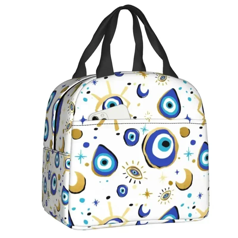 Navy Blue And Aqua Nazar Evil Eye Lucky Charm Insulated Lunch Bag Amulet Boho Cooler Thermal Lunch Tote Office Picnic Travel