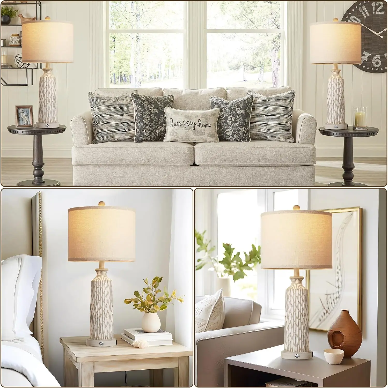 26" Farmhouse Bedside Lamps Set of 2, Touch Control 3-Way Dimmable, USB A+C Charging Ports, Modern Off-White Resin Table Lamps for Living Room, Included 2700K LED Bulbs view 5