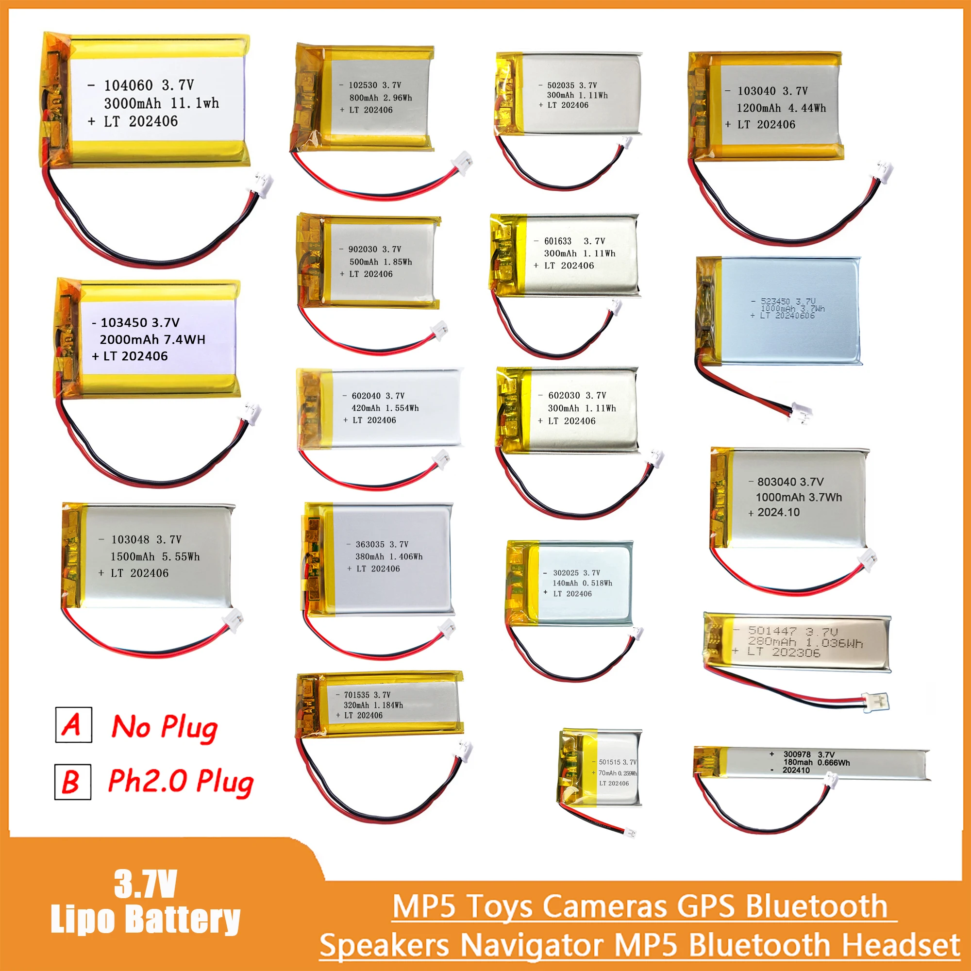 3.7V Lithium Battery Ph2.0 Plug Rechargeable Lipo Battery For PS4 Humidifiers GPS Navigation  Bluetooth Speaker MP3 MP4